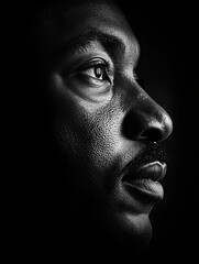 Naklejka premium Profile portrait of a black man with a contemplative expression in black and white