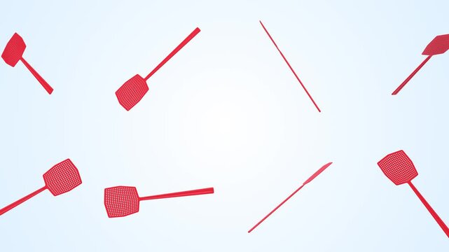 Fly Swatters Falling on a Light Blue Background. Red Flyswatters 3D Animation. 4K