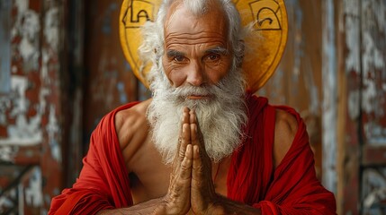 An elderly meditative figure dressed in traditional attire exudes a sacred and calming aura