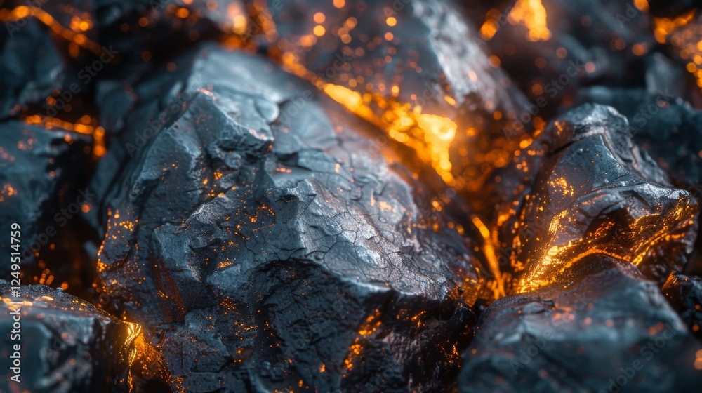 Poster bright orange molten lava flows and glows between rough, dark volcanic rocks, creating a striking co