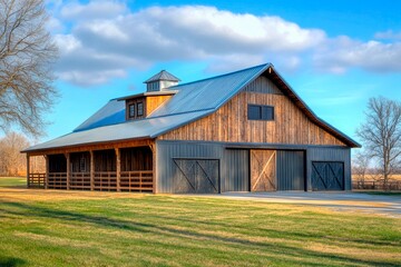 Obraz premium Rustic barn standing majestically under a bright blue sky in the countryside