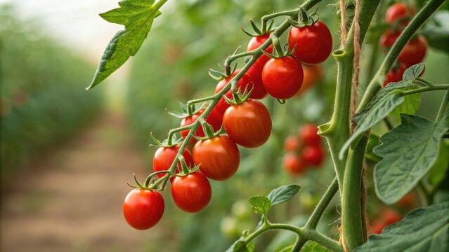 Ripe cherry tomatoes hanging from the end of a long green stem on a healthy indeterminate tomato plant, leafy greens, cherry tomato vines, ripe cherry tomatoes