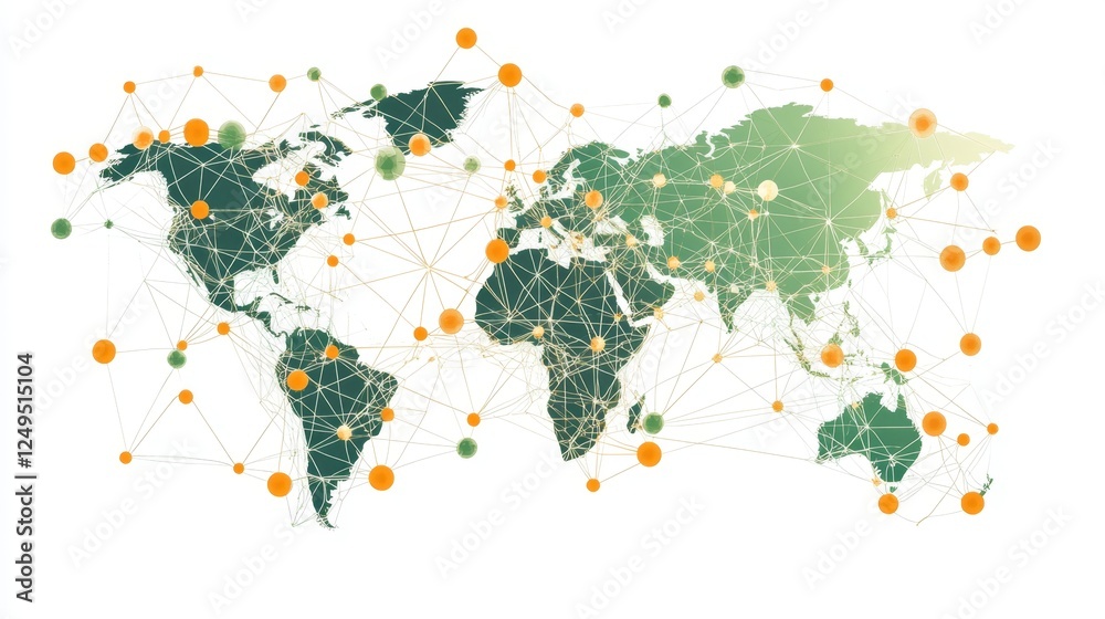 Poster connecting digital nodes in a global network map visualizing connectivity across continents