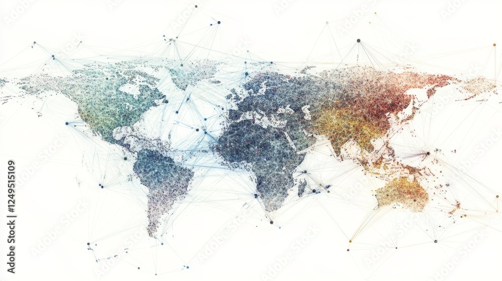 Poster connecting digital nodes across a global network map visualizing connectivity in a virtual environme