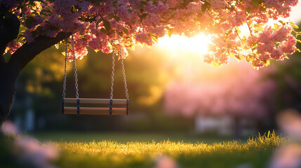 Escena primaveral durante el atardecer de una silla sobre el cesped y entre las flores transmitiendo relajación y tranquilidad