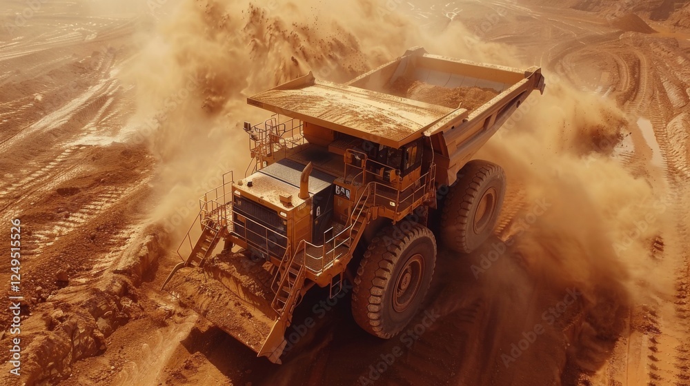 Aufkleber A large dump truck drives through a dusty mining area, kicking up clouds of dirt while transporting materials under the midday sun, showcasing heavy machinery in operation.