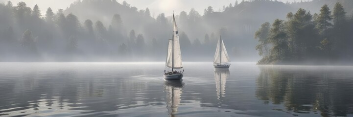 Fototapeta premium Sailboat gliding smoothly across the surface of a serene lake amidst a thick veil of morning mist , serene landscape, sailboat