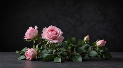 Fototapeta premium A delicate arrangement of light pink roses, subtly illuminated against a dark background, evokes feelings of serenity and quiet beauty.