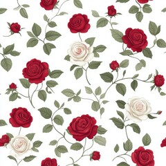 Floral Pattern with Red and White Roses on White Background