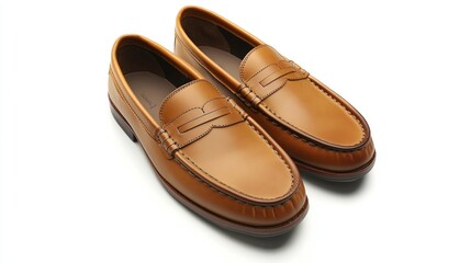 A casual pair of tan-colored loafers with a comfortable design, placed neatly on a bright white background
