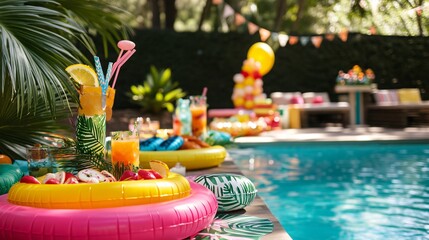 Tropical Poolside Summer Party with Inflatable Rings and Refreshing Drinks