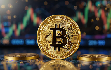 Cryptocurrency concept: a golden Bitcoin coin with digital financial graphs in the background.