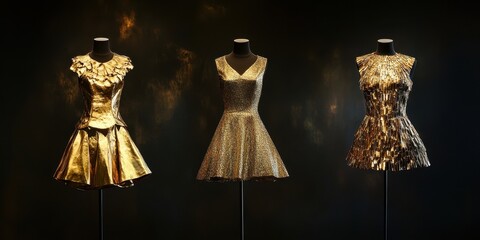 Three golden cocktail dresses displayed on mannequins in a dark space