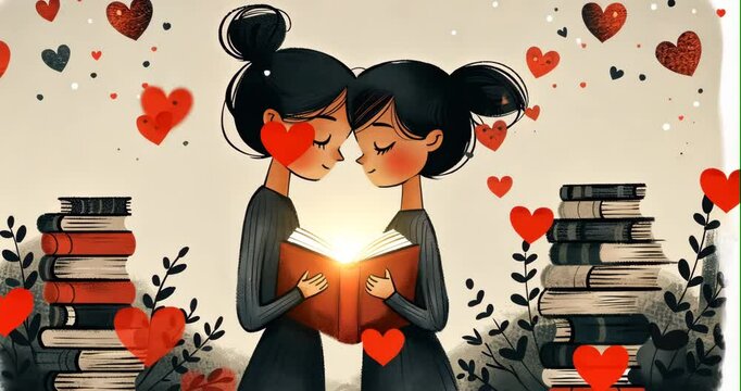 A librarian matches hearts through books in this whimsical flat design love illustration