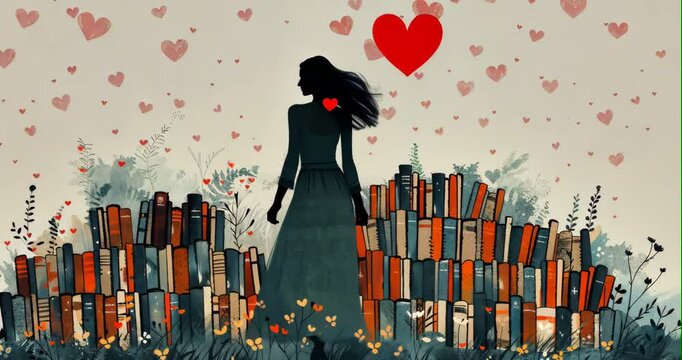 A librarian matches hearts through books in this whimsical flat design love illustration