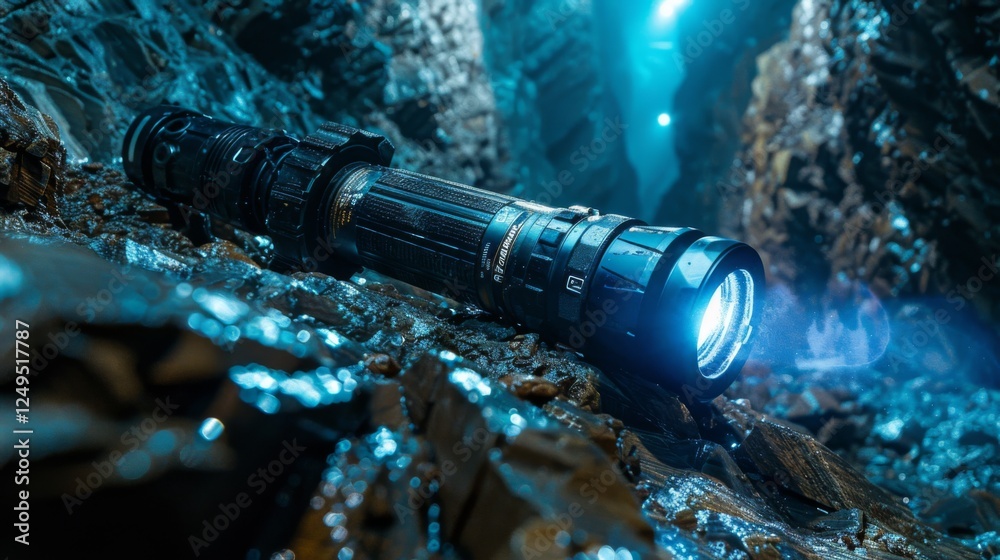 Aufkleber bright light from a sturdy flashlight cuts through the dark in a narrow cave. intricate rock formati