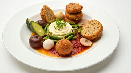 Gourmet Vegan Plate with Falafel, Vegetables, and Creamy Sauce