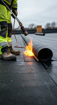 Roofer at Work: Installing Roofing Felt with Torch, Flame & Safety Gear. Roofing Job, Repair, Waterproofing, Roofing Material & Professional.