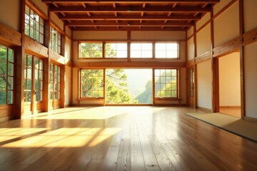Obraz premium Serene sunlit interior with expansive wooden windows offering a panoramic view of tranquil nature