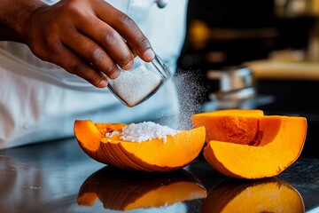 Chef skillfully seasons fresh pumpkin halves in a cozy kitchen setting just before cooking