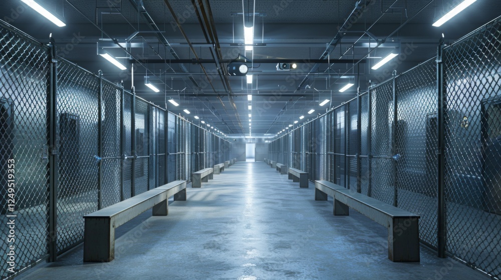 Poster a narrow corridor in an industrial space features metal partitioning with benches on either side, il