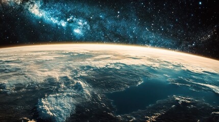 Fototapeta premium A detailed close-up of a satellite in low Earth orbit, with a breathtaking view of the continents, oceans, and the Milky Way beyond