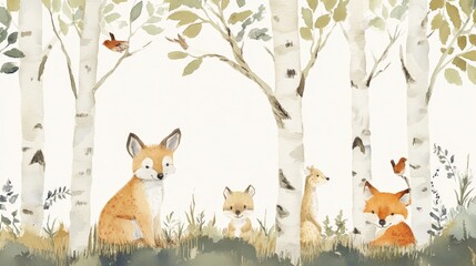 Fototapeta premium Creating a handpainted woodland scene featuring birch trees in a tranquil forest environment