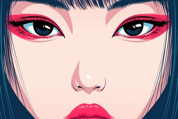 Close-up of a woman with bold makeup and striking red eyeliner