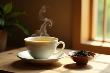 Obraz premium Aromatic Steam Rising from a Cup of Freshly Brewed Tea on a Sunny Wooden Table
