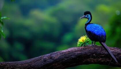 Obraz premium Vibrant blue bird perched on a branch with lush green foliage in the background.