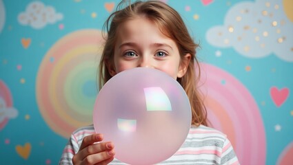 Naklejka premium A cheerful young adult blowing a giant, iridescent bubble gum bubble, reflecting pink, blue, and yellow. Pastel swirling clouds, glitter confetti, shallow depth of field, vibrant, joyful, HD quality.