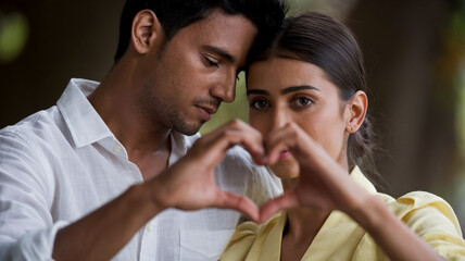 A cinematic medium shot of a man and a woman standing close together outdoors, forming a heart shape with their hands. This photo symbolizes love, connection, and affection.