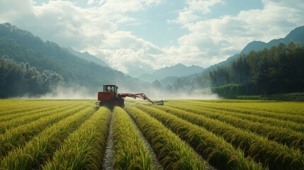 Naklejka premium Harvesting machinery in action on a rice farm rural landscape video agricultural environment aerial view rice production efficiency