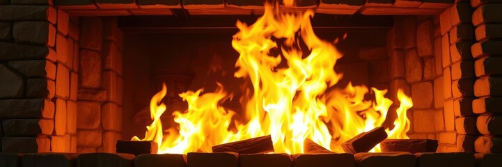 Obraz premium Soaring Flames in a Large Stone Fireplace, flames, earthy, brick