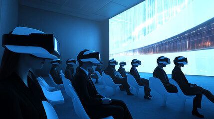 A group of individuals experiencing virtual reality in a modern setting with advanced visual displays.