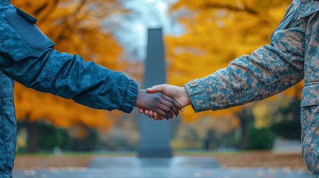 Diverse military men shaking hands in front of a memorial monument in an autumn park. Concept of unity, respect, remembrance, collaboration, peace, multicultural friendship, American Memorial Day