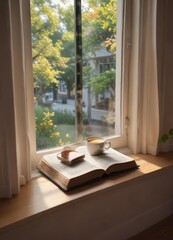 Fototapeta premium Soft-focused image of a window seat with a cup of coffee and an open book, window seat, cozy, blurred background