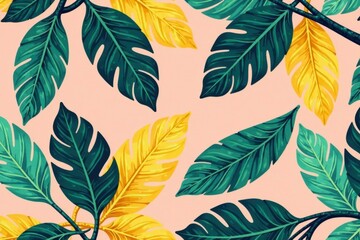 Naklejka premium Vibrant Tropical Leaf Pattern A Seamless Design Featuring Lush Green and Sunny Yellow Foliage on a Soft Pink Background, Ideal for Textile Prints, Wallpapers, and Decorative Applications