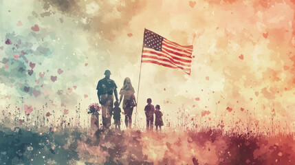 African American Family Celebrating Memorial Day Outdoors with American Flag. Concept of Patriotism, Family Unity, National Pride, Summer Celebration. Watercolor art