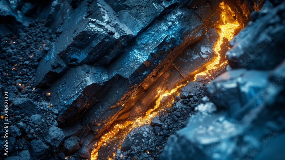 Poster bright orange lava streams through jagged black volcanic rock, creating a striking contrast against 