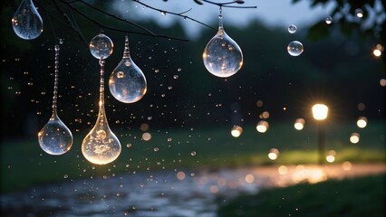Softly glowing water droplets suspended in mid-air, dreamy, calming