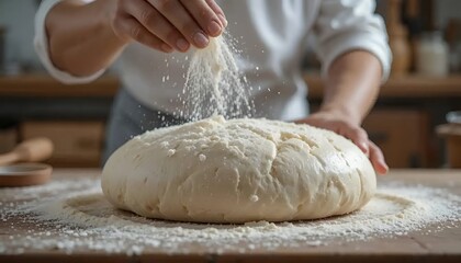 Super slow motion close up of professional artisan baker chef sprinkles flour on raw loaf of dough while making homemade bread, pasta or pizza on rustic wooden table in traditional bakery kitchen.