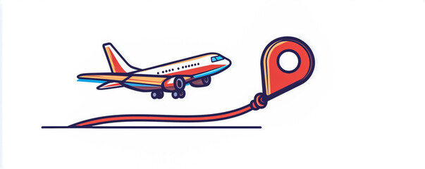 A simple line drawing of an airplane with its tail and engines, pulling along the rope connected to it, is a map pin marker.