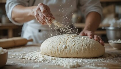 Super slow motion close up of professional artisan baker chef sprinkles flour on raw loaf of dough while making homemade bread, pasta or pizza on rustic wooden table in traditional bakery kitchen.