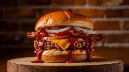  BBQ Bacon Burger with Melted Cheddar and Caramelized Onions 