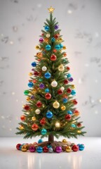 Fototapeta premium Sparkling Christmas tree on a white background adorned with colorful glass balls and twinkling fairy lights, sparkling Christmas tree, white Christmas decor