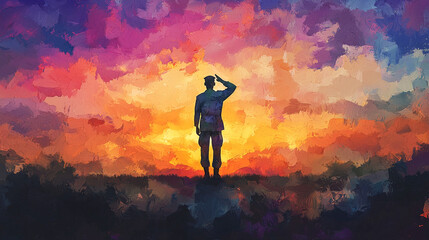 Fototapeta premium Silhouette of Soldier Saluting at Vibrant Sunset. Concept of Military Honor, Patriotic Tribute, Artistic Expression, Valor and Sacrifice. American Memorial Day. Watercolor