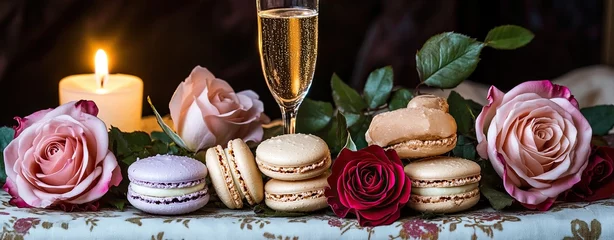 Wall murals A table with a bunch of macarons and a glass of champagne