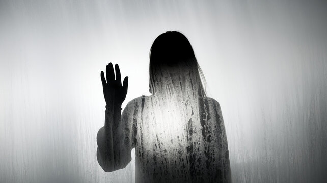 A silhouette of a person with long hair, standing behind fogged glass, pressing their hand against it, symbolizing separation, isolation, and longing in a dramatic and mysterious way.
