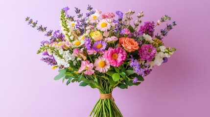 Fototapeta premium A beautifully arranged bouquet of mixed wildflowers held against a solid lavender background. Romantic and soft aesthetic.